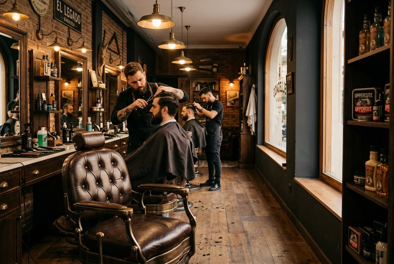 Interior de la barbería The Cutting Room con un barbero trabajando