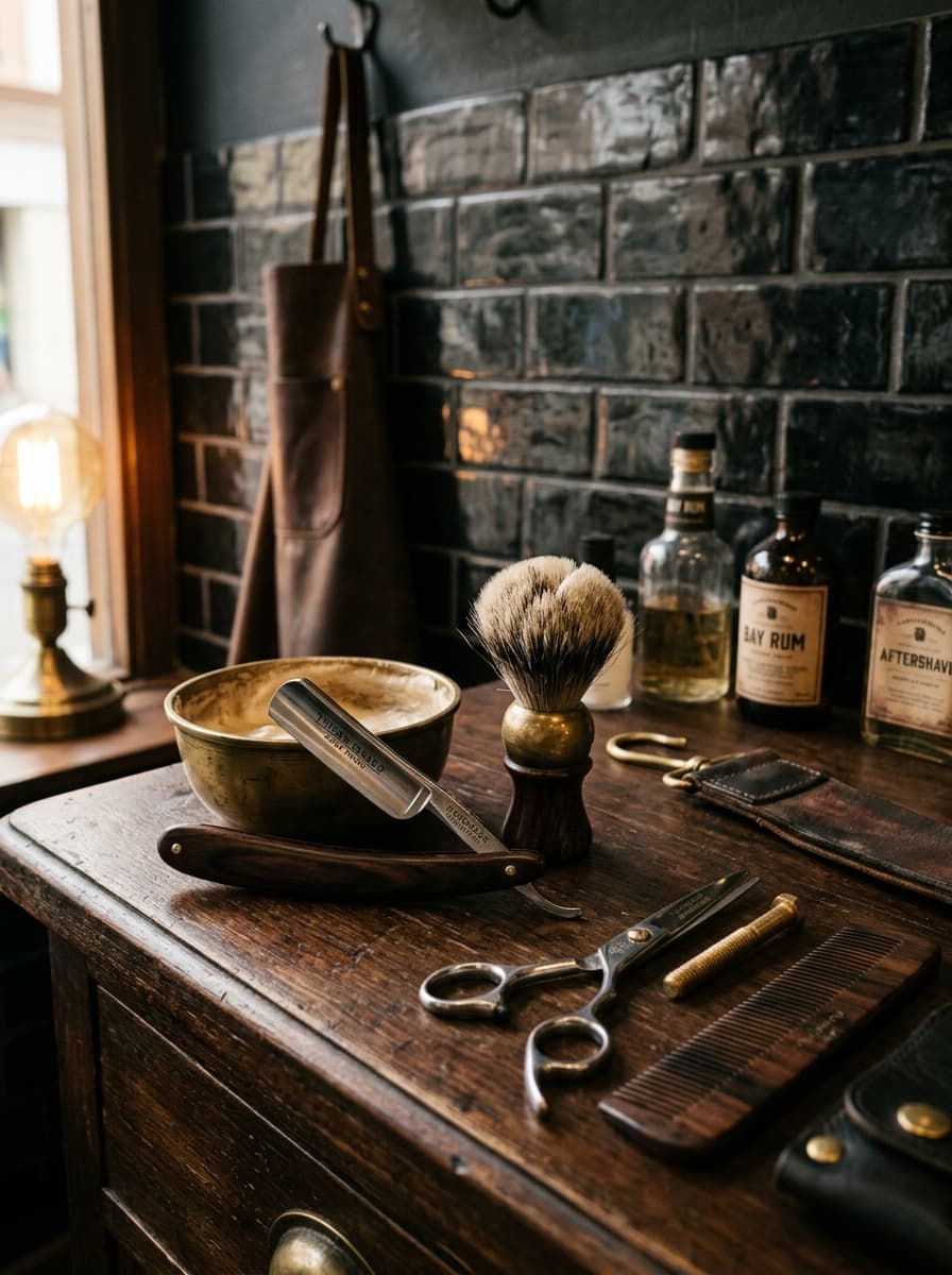 Estación de barbero con herramientas sobre mesón de madera oscura